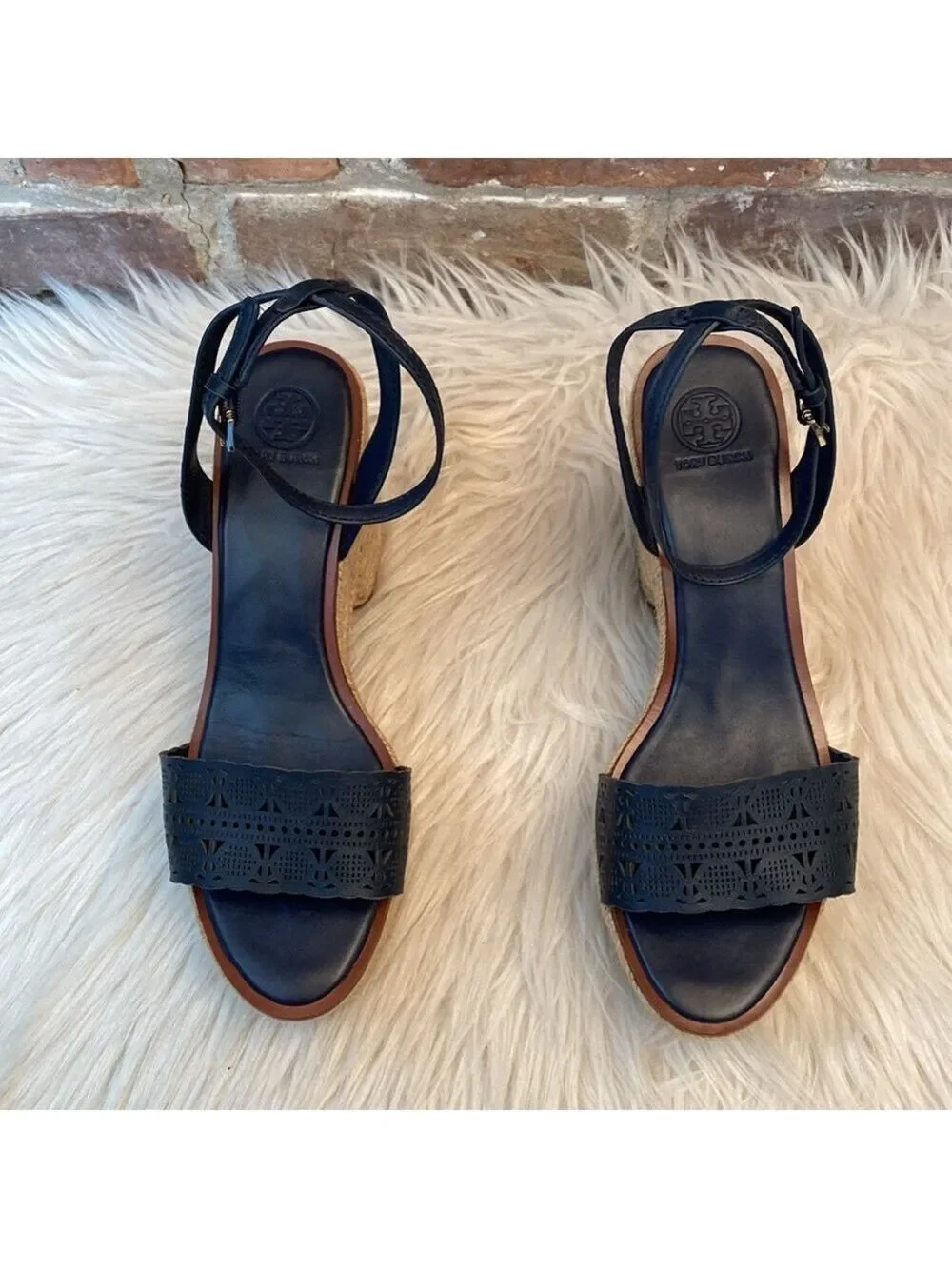 Tory Burch Roselle Navy Laser Cut Leather Platform Espadrille Sandals, Size 10.5